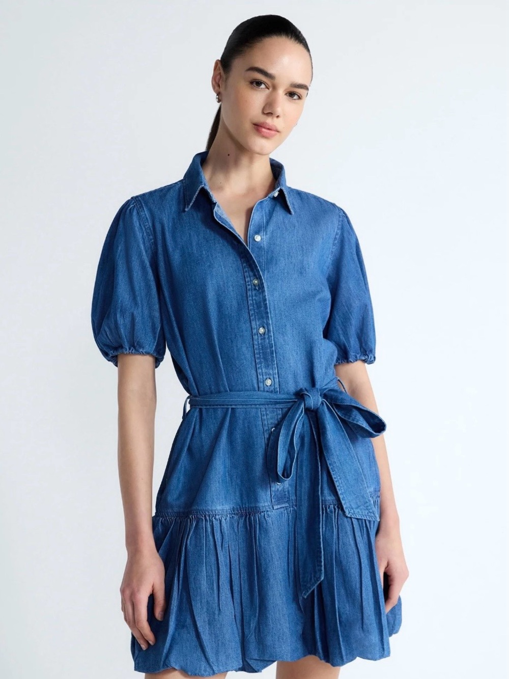 Blue Denim Tie-Waist Midi Dress